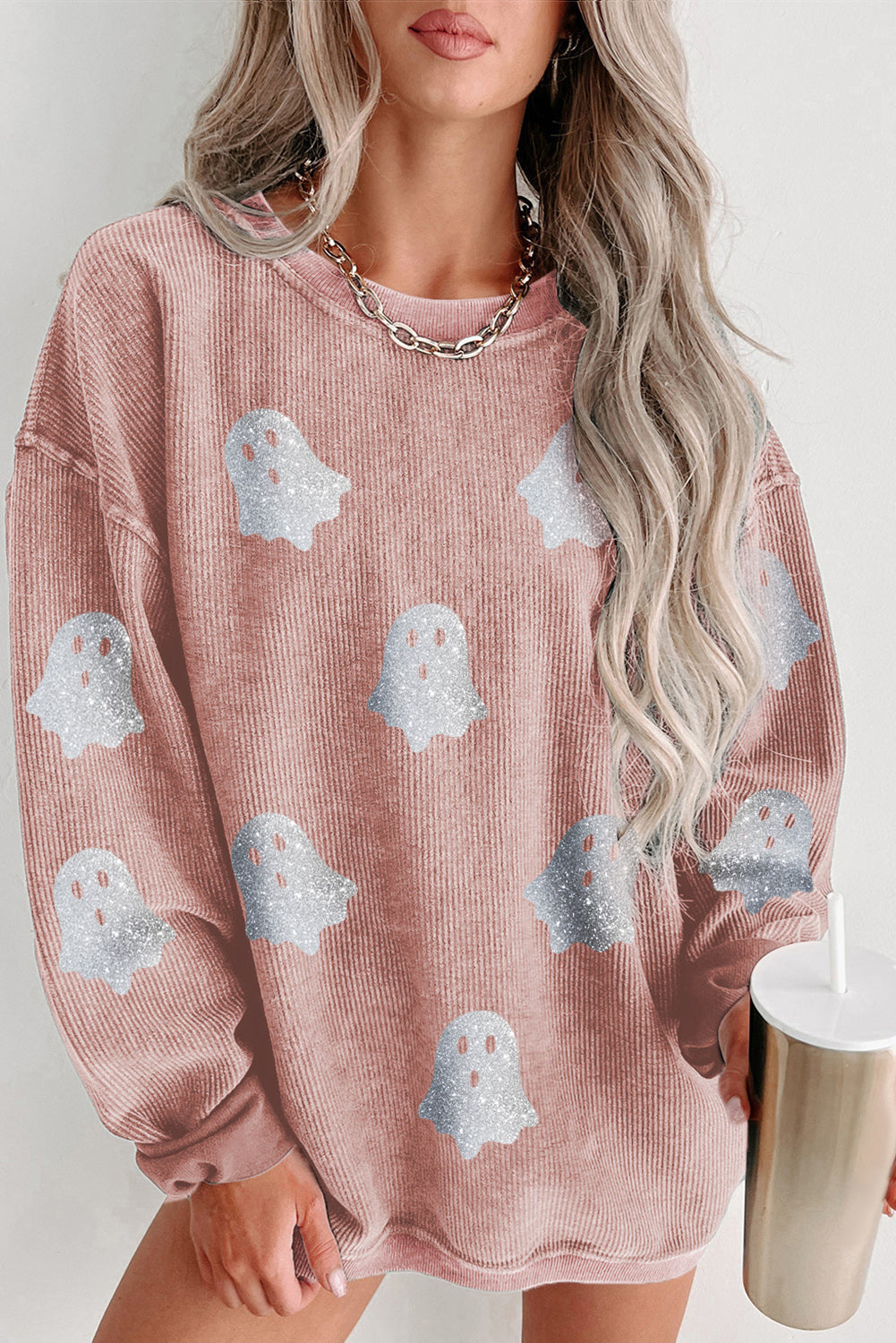 Black Halloween Ghost Corded Crew Neck Loose Sweatshirt 9d16d558a77e2f3b