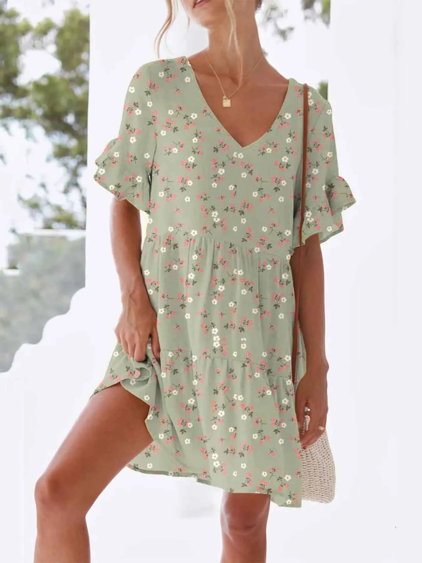 Polka Dot V-Neck Short Sleeve Mini Dress Sage 9d178b5a1d9948b4beb2e9eef13c42ef-Max-Origin