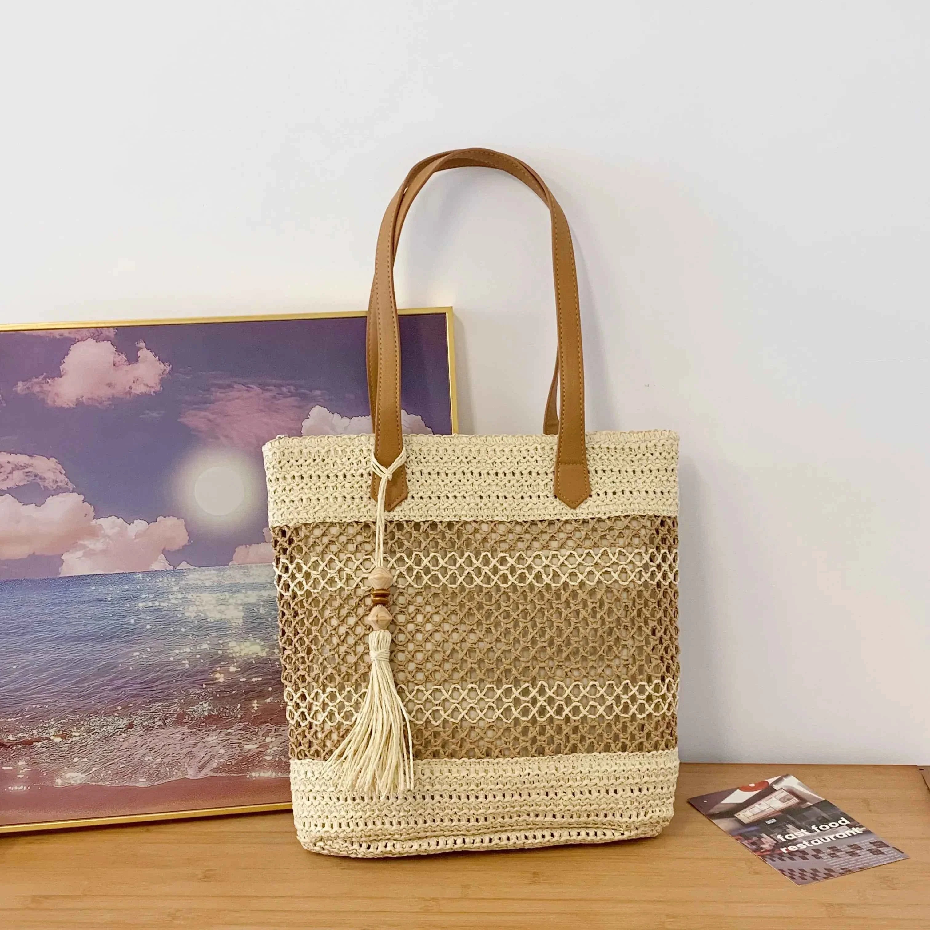 Straw Woven Shoulder Bag with Tassels Beige onesize 9d1e7bdf64954b08a1f9e97baf182aa6-Max-Origin