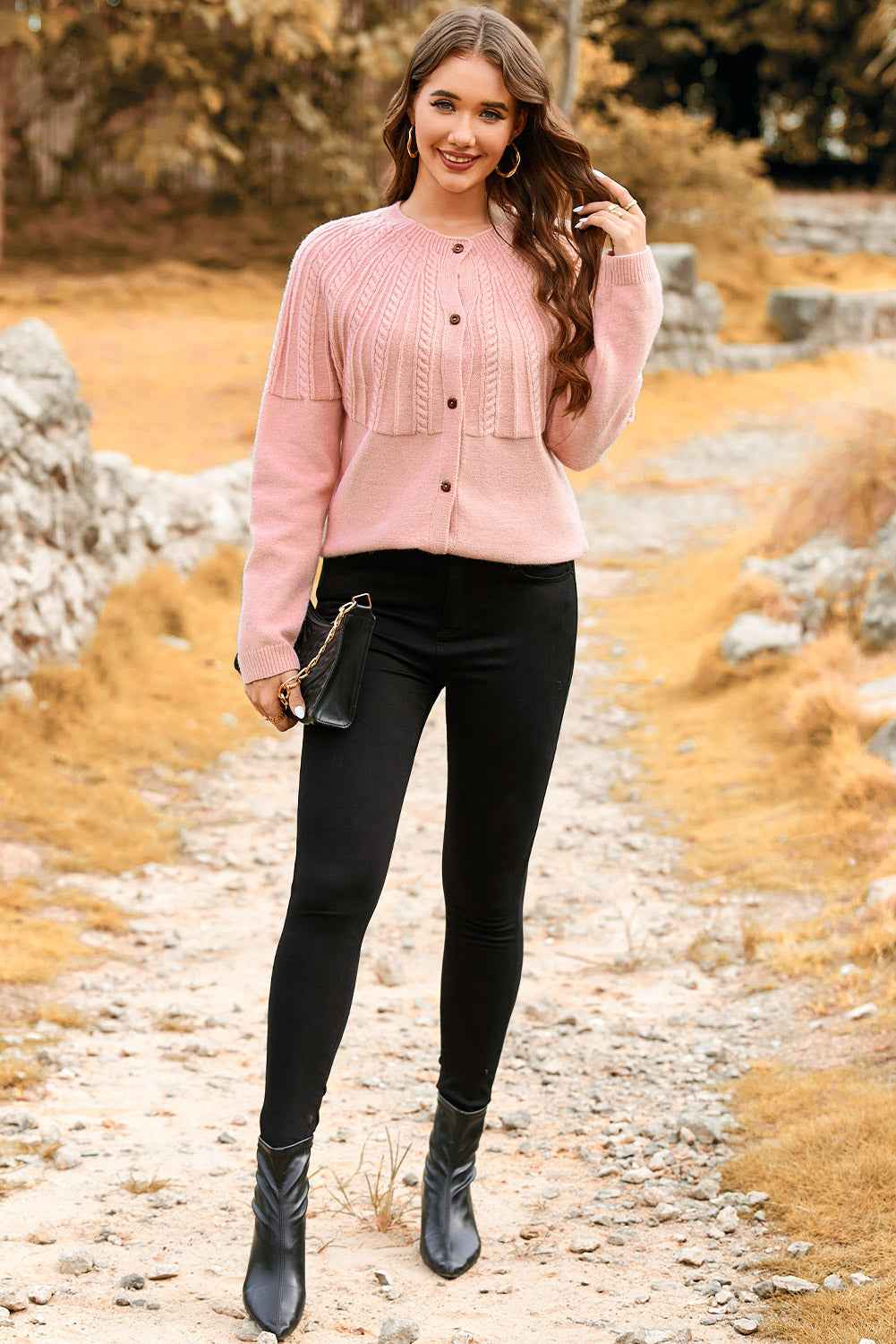 Light Pink Solid Color Textured Detail Button Down Long Sleeve Sweater Cardigan 9d22a5a00dc36a92