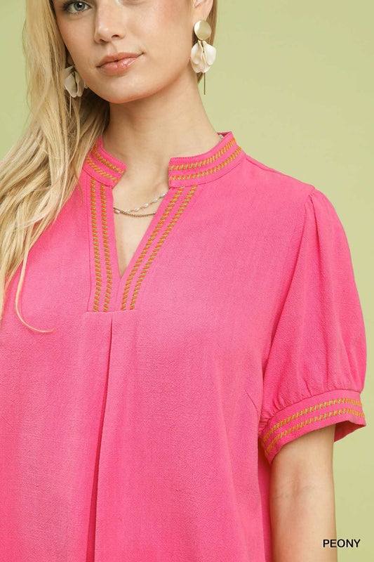 Embroidery Linen Puff Sleeve Blouse 9d297236-bac5-42fc-b403-b440e189956d-Max