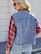 Raw Hem Plaid Sleeve Denim Jacket 9d2b78527a354991872c62594ad24cc4-Max-Origin