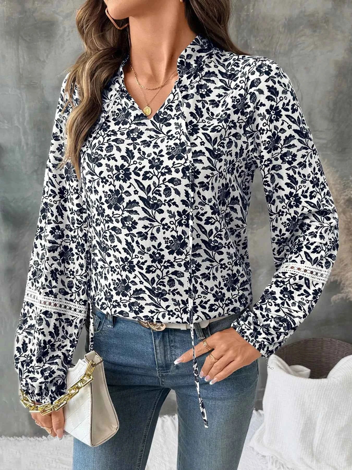 Printed Tie Neck Long Sleeve Blouse 9d3148a8cb6d495cba24cbf0ec8d8dd7-Max-Origin