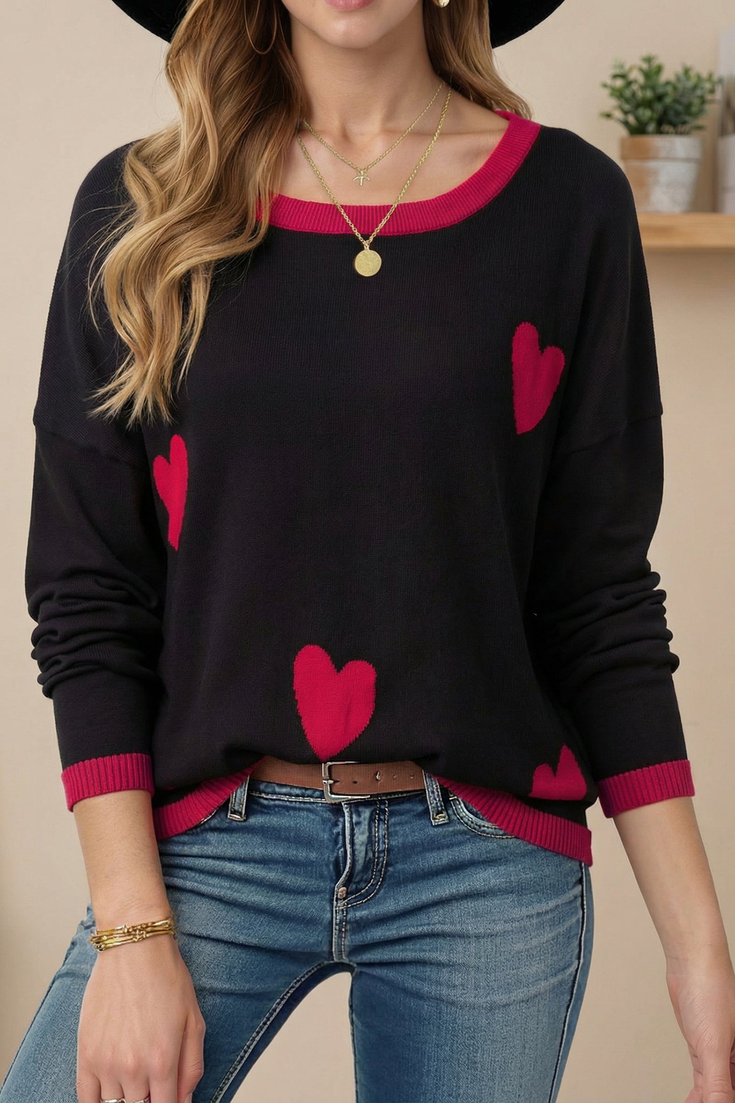 Black white Heart Print Contrast Trim Drop Shoulder Sweater Black white 100%Cotton 9d319c0d00176a9a