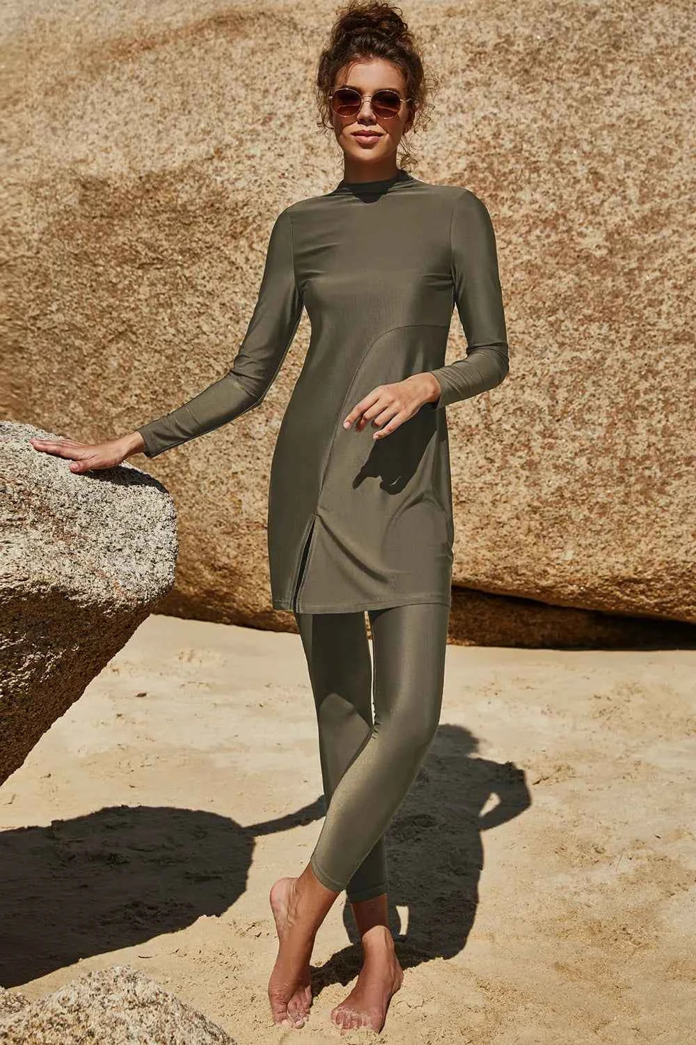 Slit Mock Neck Long Sleeve Top and Pants Swim Set 9d3651a5-167b-477a-a8cb-d6e1ef16cef7-Max
