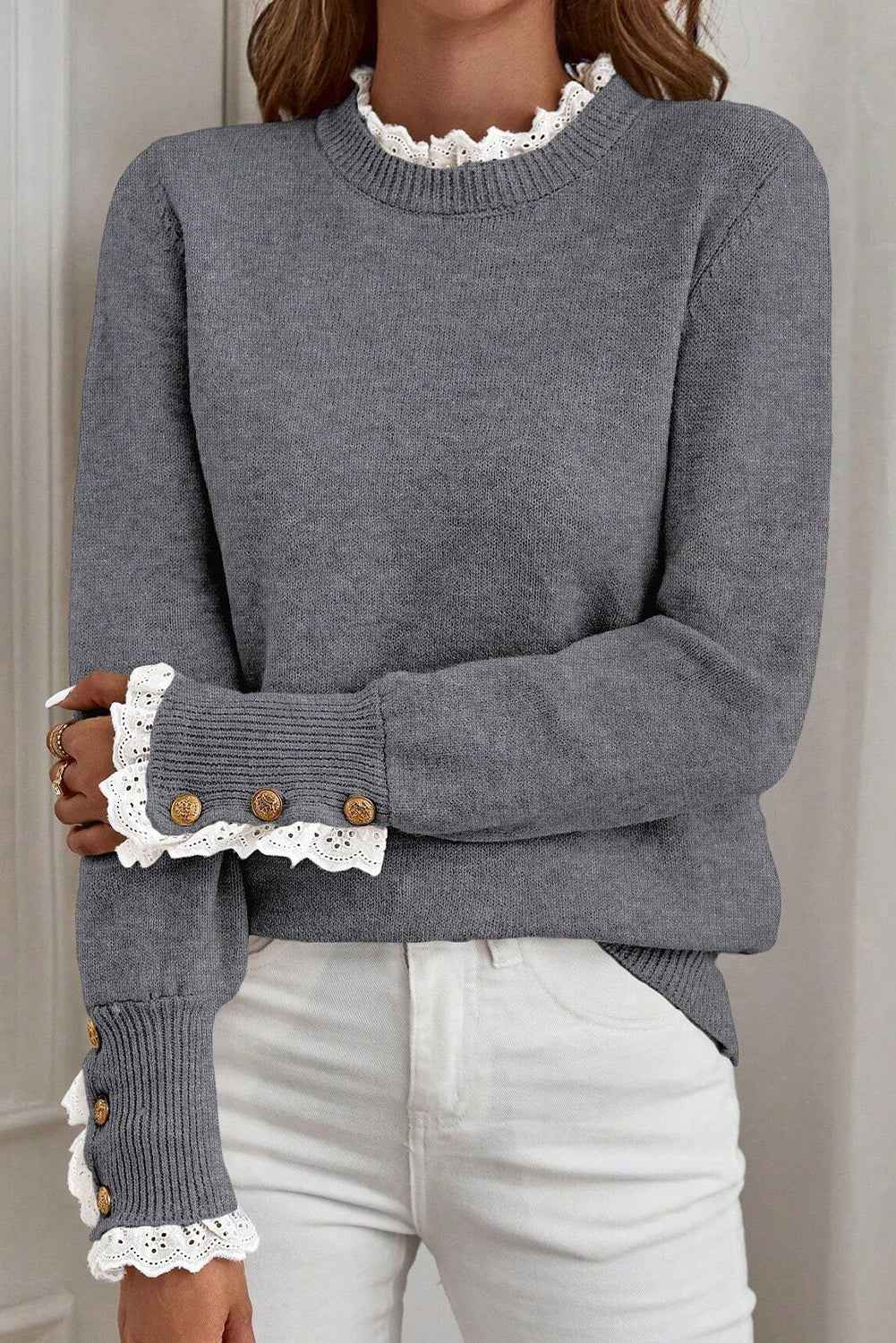 Racing Red Lace Trim Patchwork Buttoned Cuffs Loose Sweater Sleet 50%Acrylic+27%Polyester+23%Polyamide 9d3efedfd80ff05b