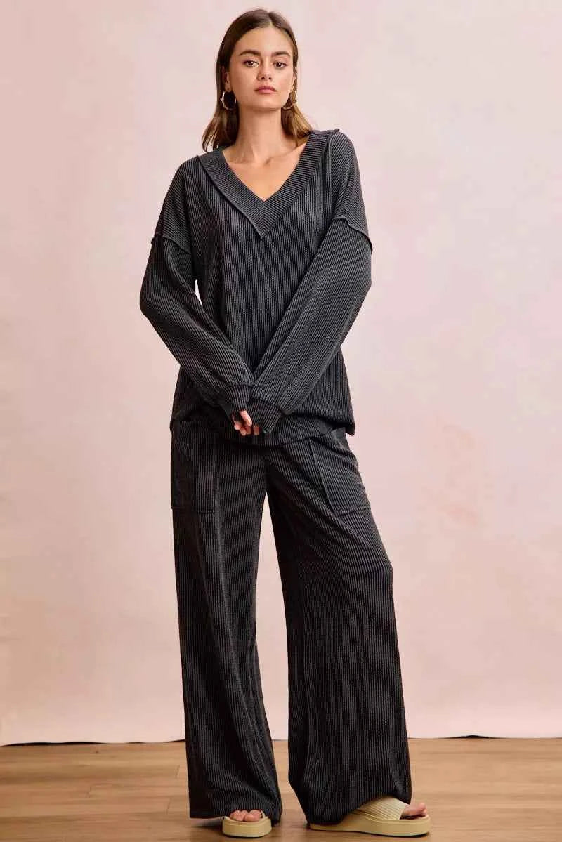 BiBi Two Tone Cord Rib Contrast Stitching V-Neck Top and Pants Set 9d4acf2996054e8bbfd7fb5a0b0cd399-Max-Origin
