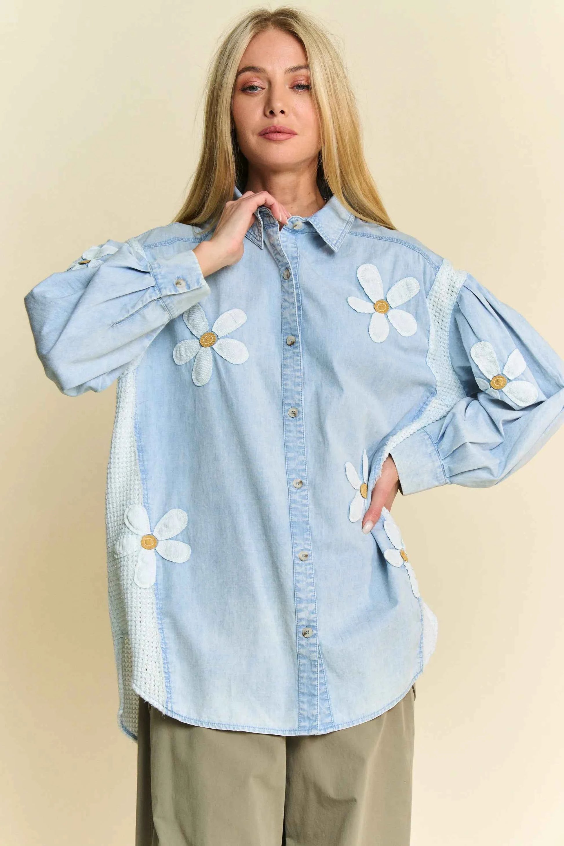 Davi & Dani Lightweight Washed Daisy Patch Waffle Knit Shirt 9d4dd33012c4431bbc950c95d9a871b7-Max-Origin