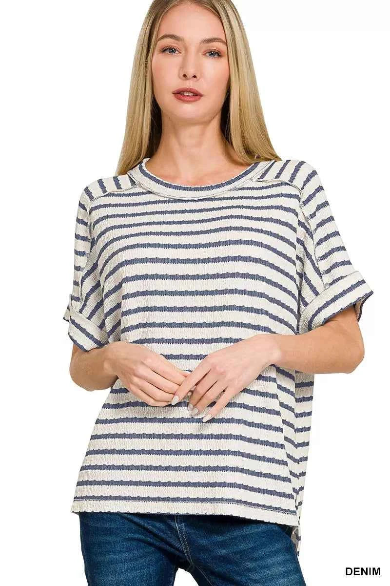 Zenana Striped Short Sleeve Hi-low Tee DENIM 9d4e166ae82048d6a8e25c9d9ef49846-Max-Origin