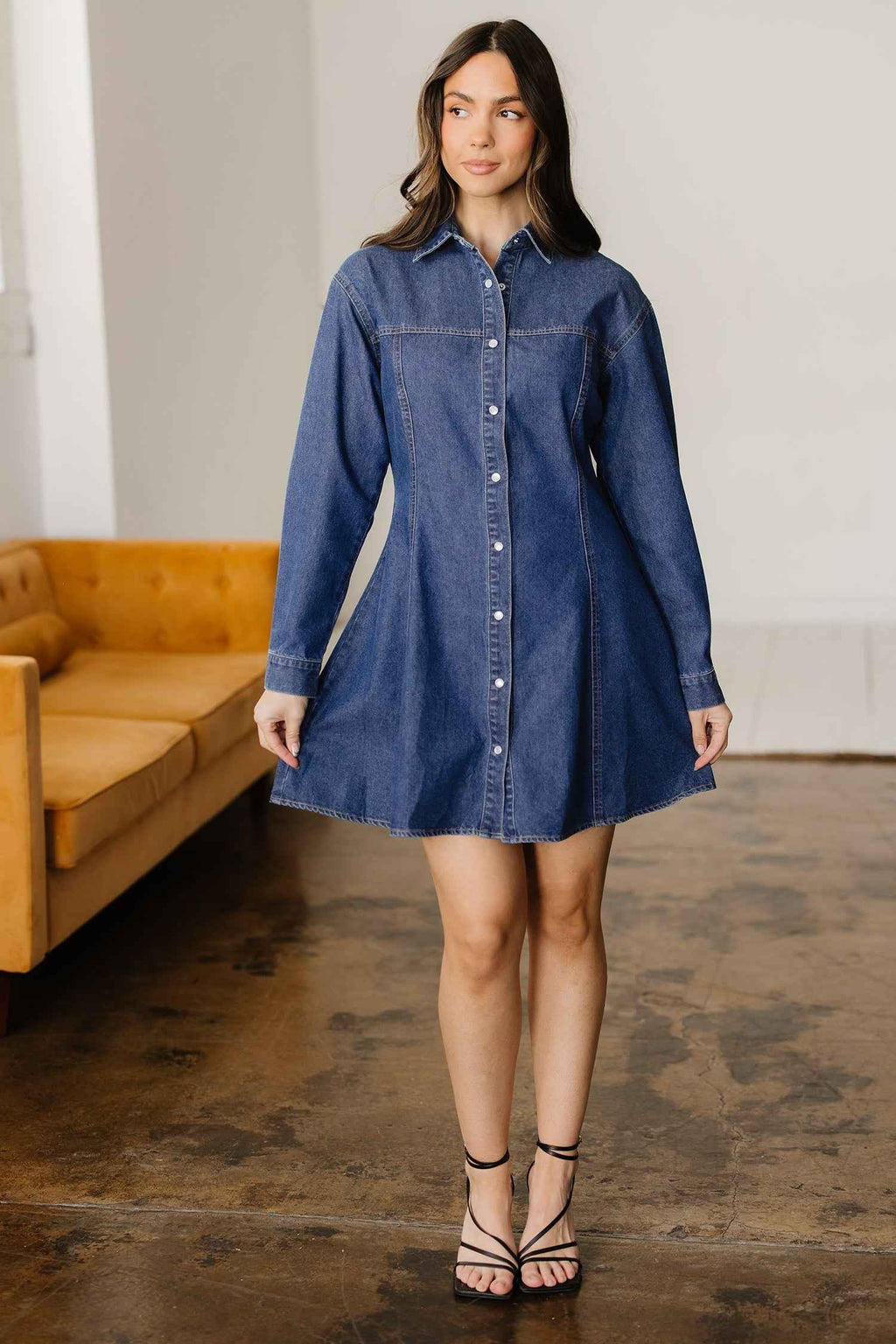Ashleigh Blue Denim Shirt Collar Long Sleeve Flared Mini Dress 9d50cb17ab43dbdf