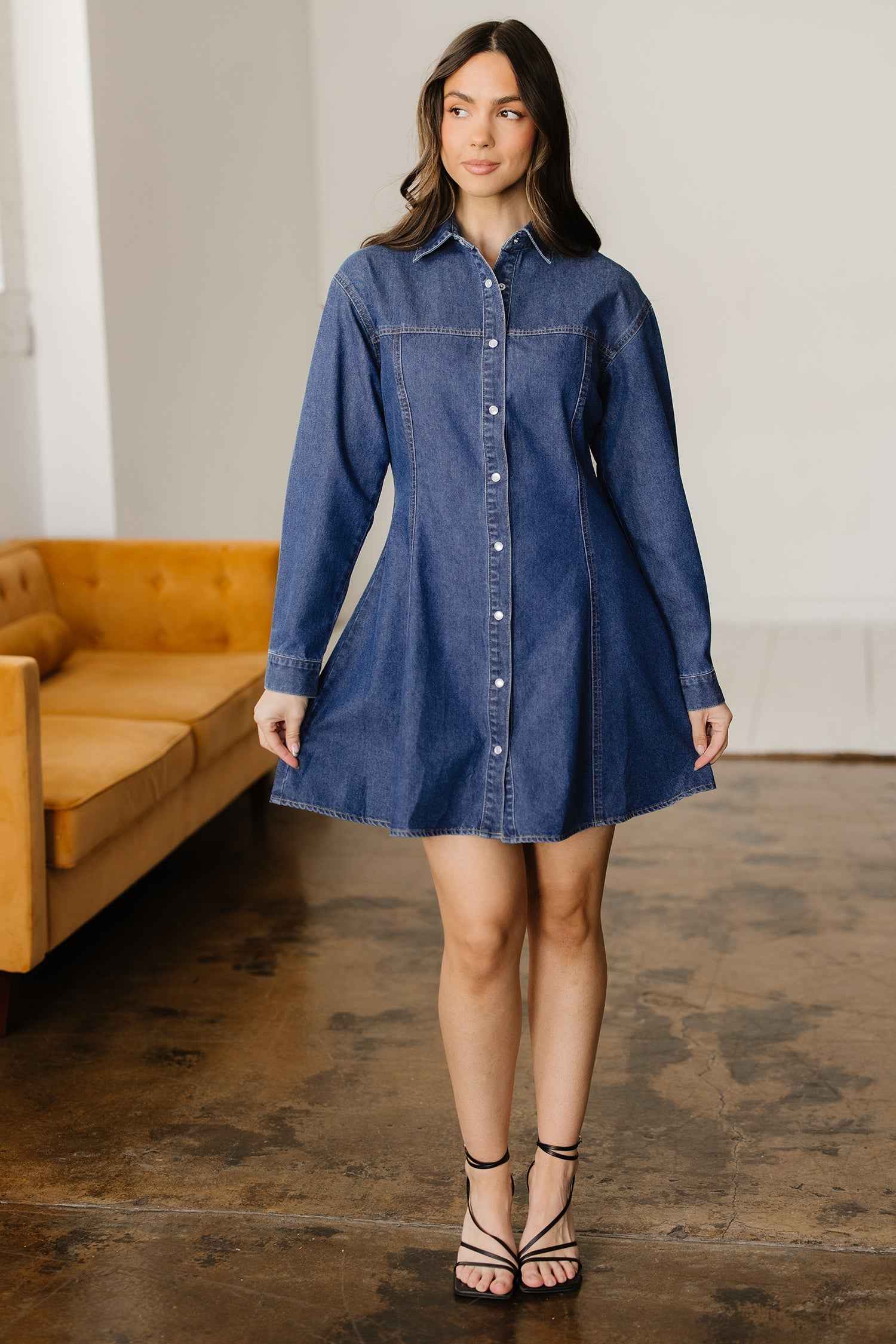 Ashleigh Blue Denim Shirt Collar Long Sleeve Flared Mini Dress 9d50cb17ab43dbdf