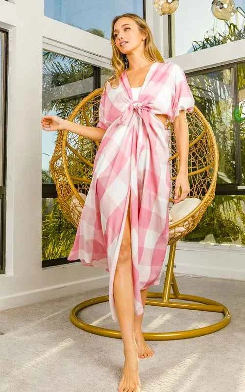 BiBi Front Tied Puff Sleeve Checkered Dress with Cut Out Detail 9d50dc70-d86d-438c-bc8c-7c5caffc125a-Max-Origin