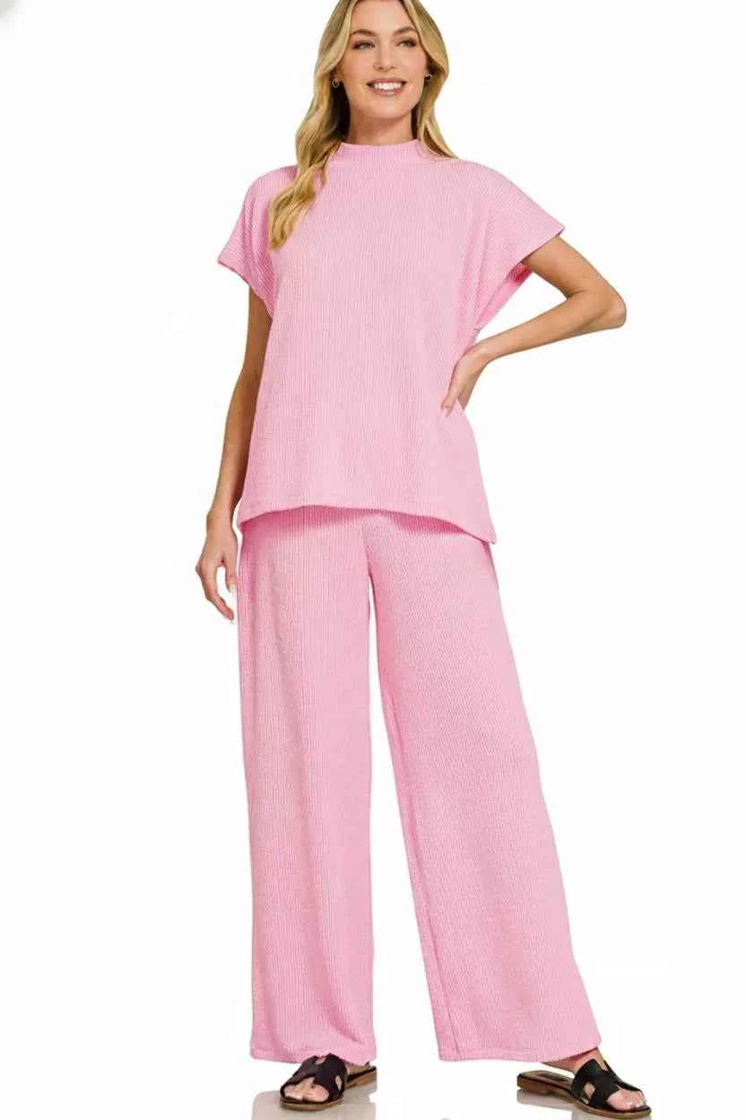 Zenana Raised Rib Short Sleeve Tee & Pants Set 9d54e82c-5c52-457e-b86e-59783f9b5de0-Max-Origin