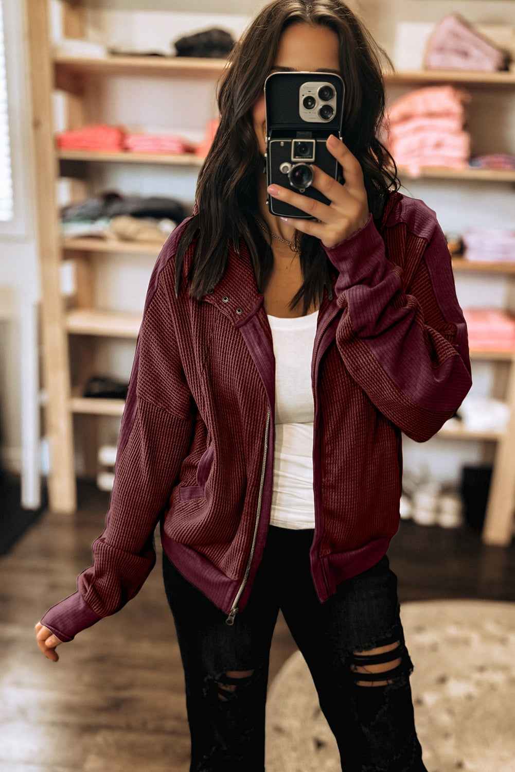 Burgundy Waffle Splicing Zip Up Front Button Hooded Jacket 9d586aa02157537d