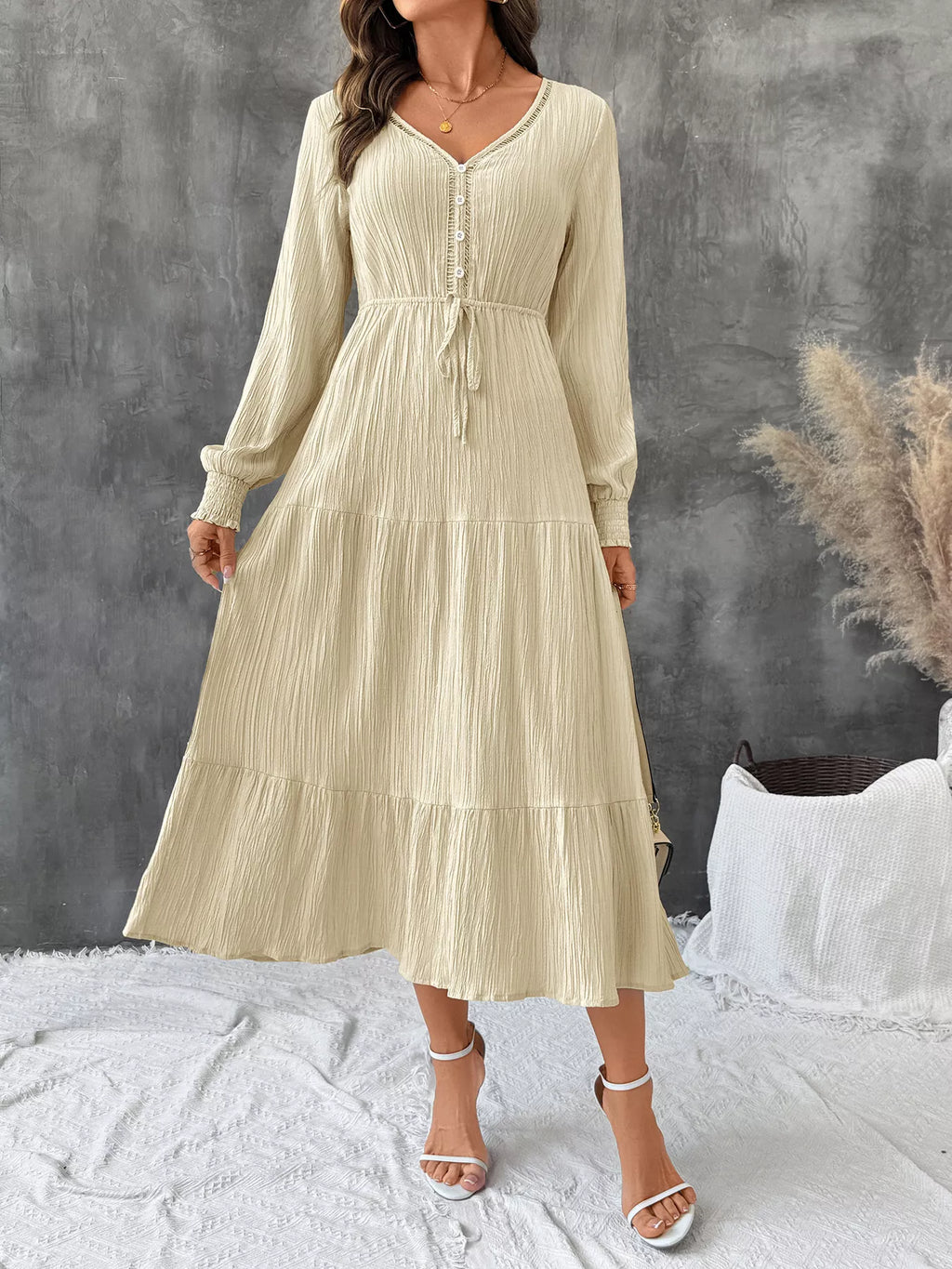 Tiered V-Neck Long Sleeve Dress 9d59ec7297a24f20a7d332136a94fff0-Max-Origin