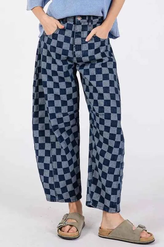 SAGE+FIG Barrel Style Leg Checkered Print Jeans DENIM BLUE 9d6379f98a9f44ee821c6e8421997af7-Max-Origin