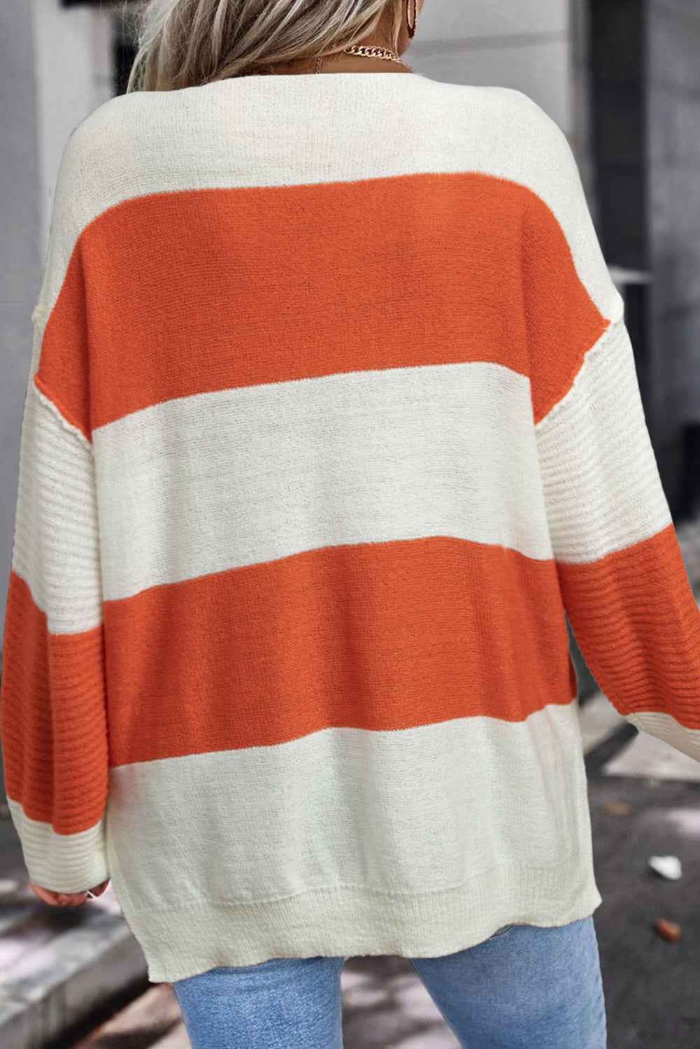 Orange Colorblock V Neck Side Slits Sweater 9d64c918a7071120
