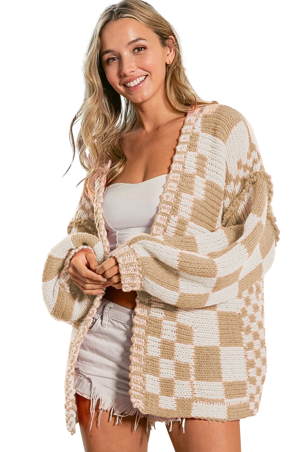 Smoke Gray Colorblock Checked Open Front Knitted Cardigan 9d6c68f64829da36