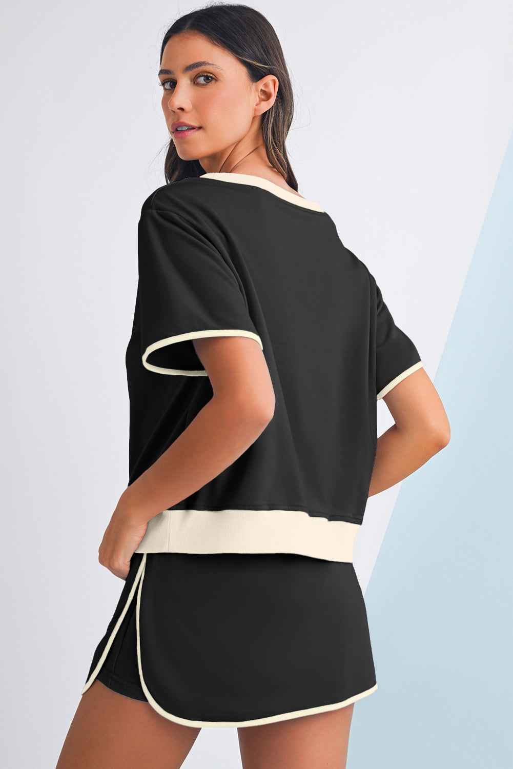 Black Colorblock Edge Drop Shoulder T Shirt and Skort Set 9d6e0673e26d107f