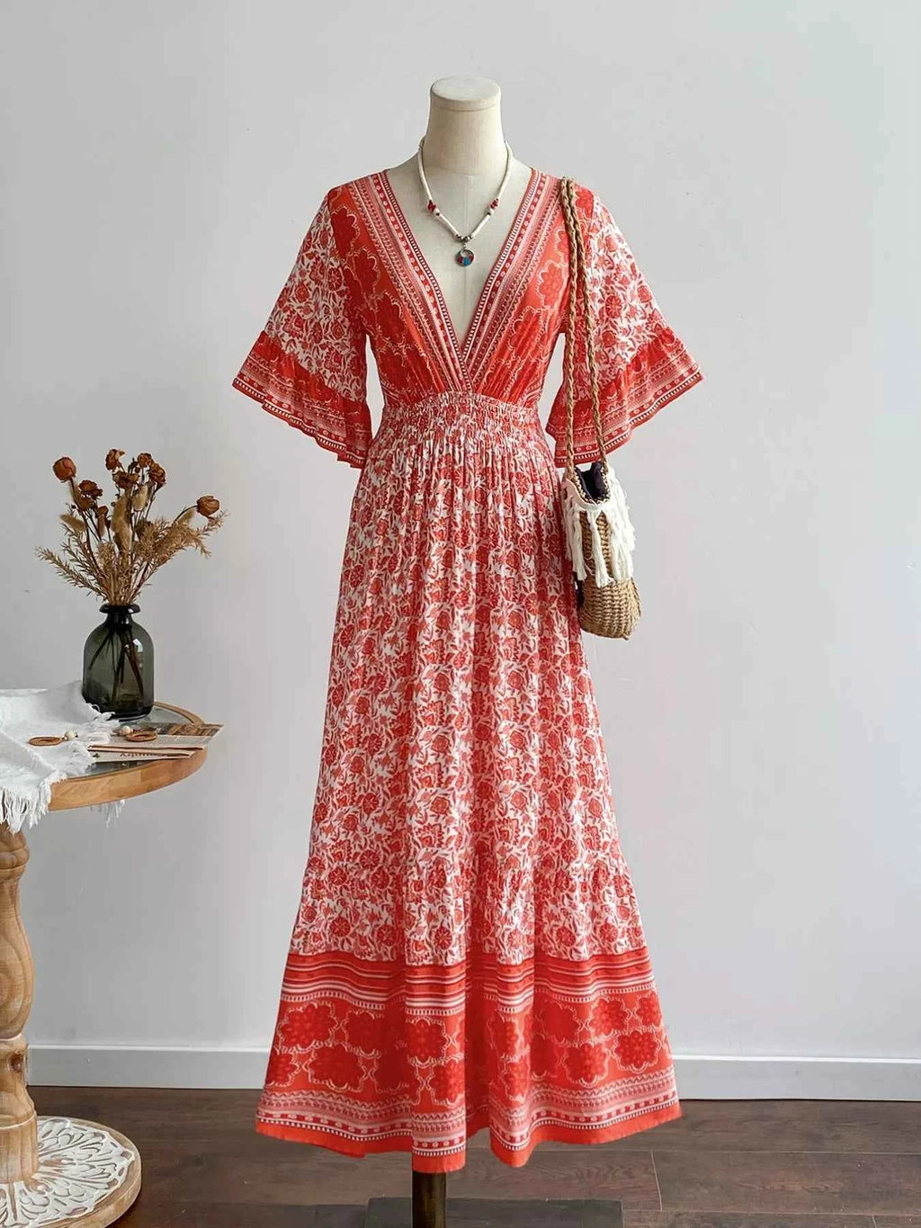 Floral Deep V-Neck Dress Coral 9d720631-30b0-4a15-bec1-cd5a9d21da4e-Max-Origin