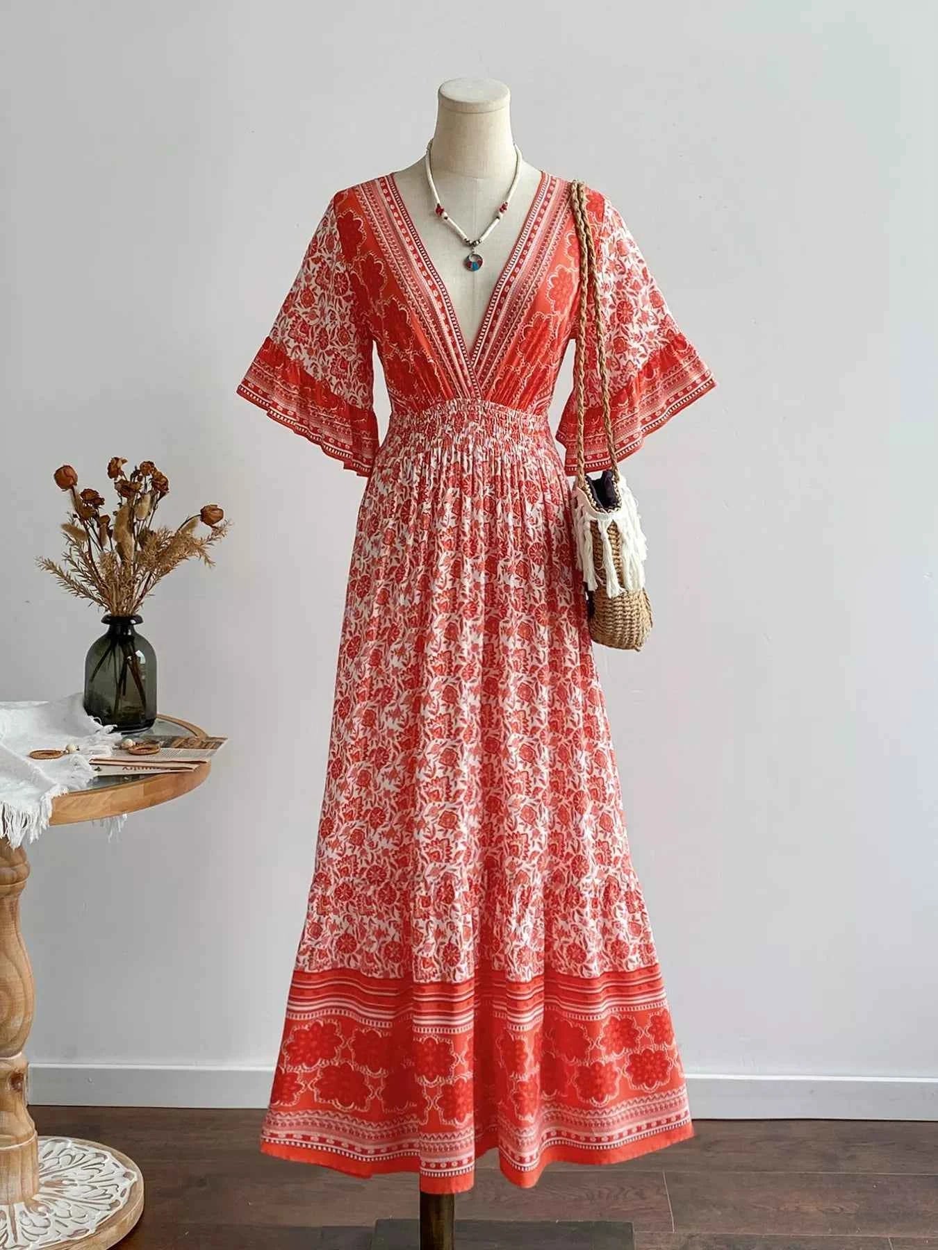 Floral Deep V-Neck Dress Coral 9d720631-30b0-4a15-bec1-cd5a9d21da4e-Max-Origin