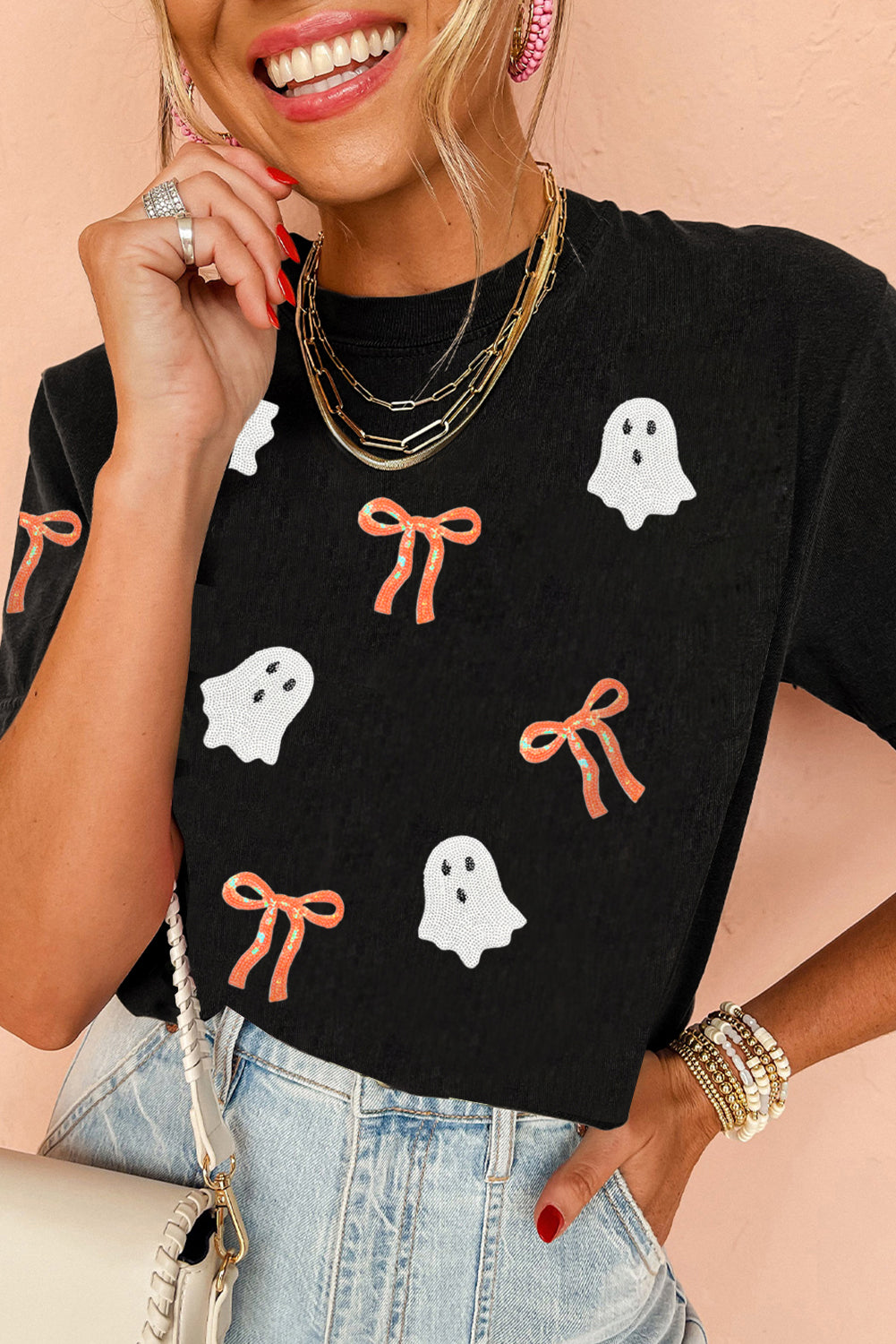 Black Bow Ghost Sequin Patched Halloween Graphic Tee 9d727768ca265507