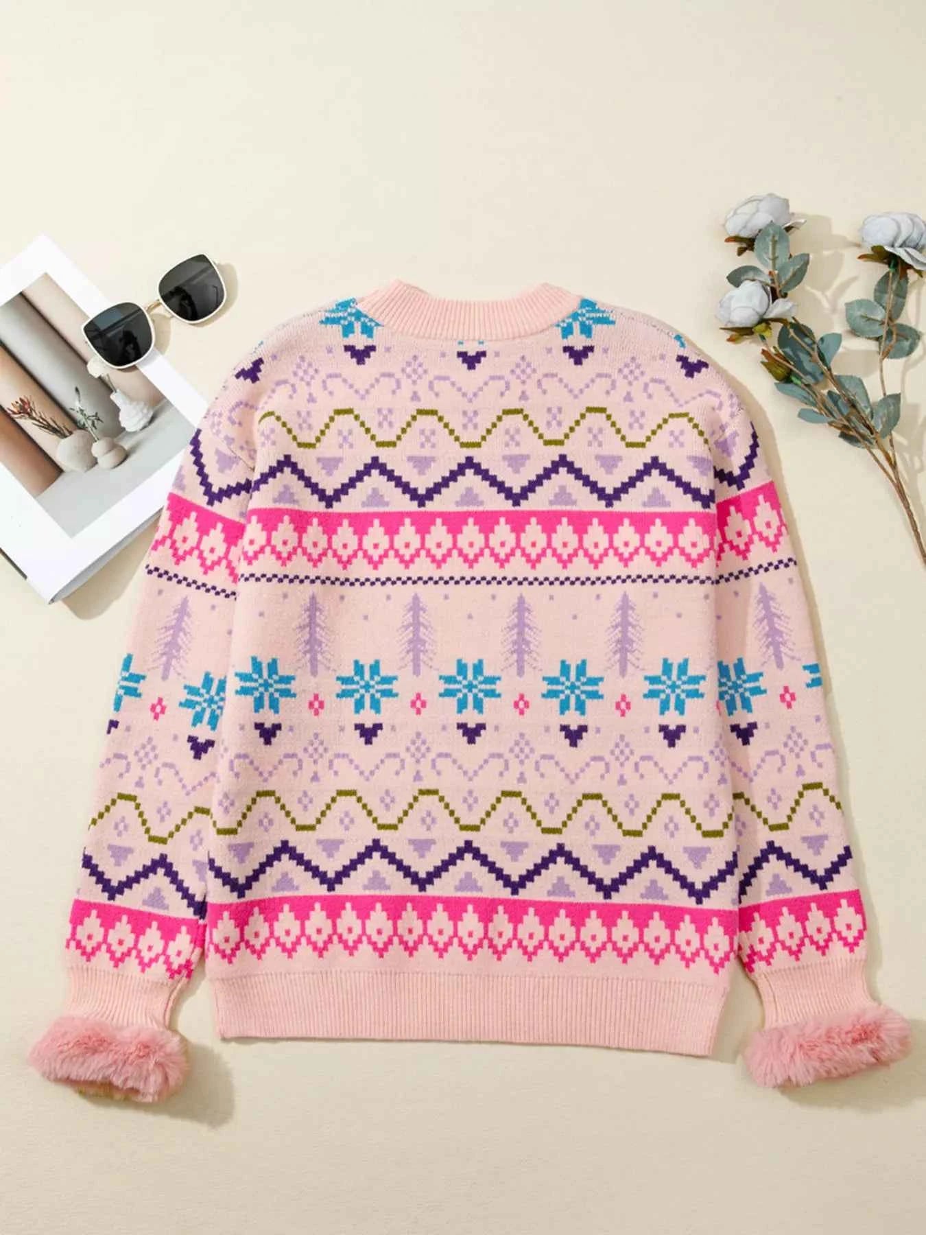 Multicolour Ethnic Christmas Pattern Knit Feather Cuffed Sweater 9d7286f2ee4246d9bb3936a426f13405-Max-Origin