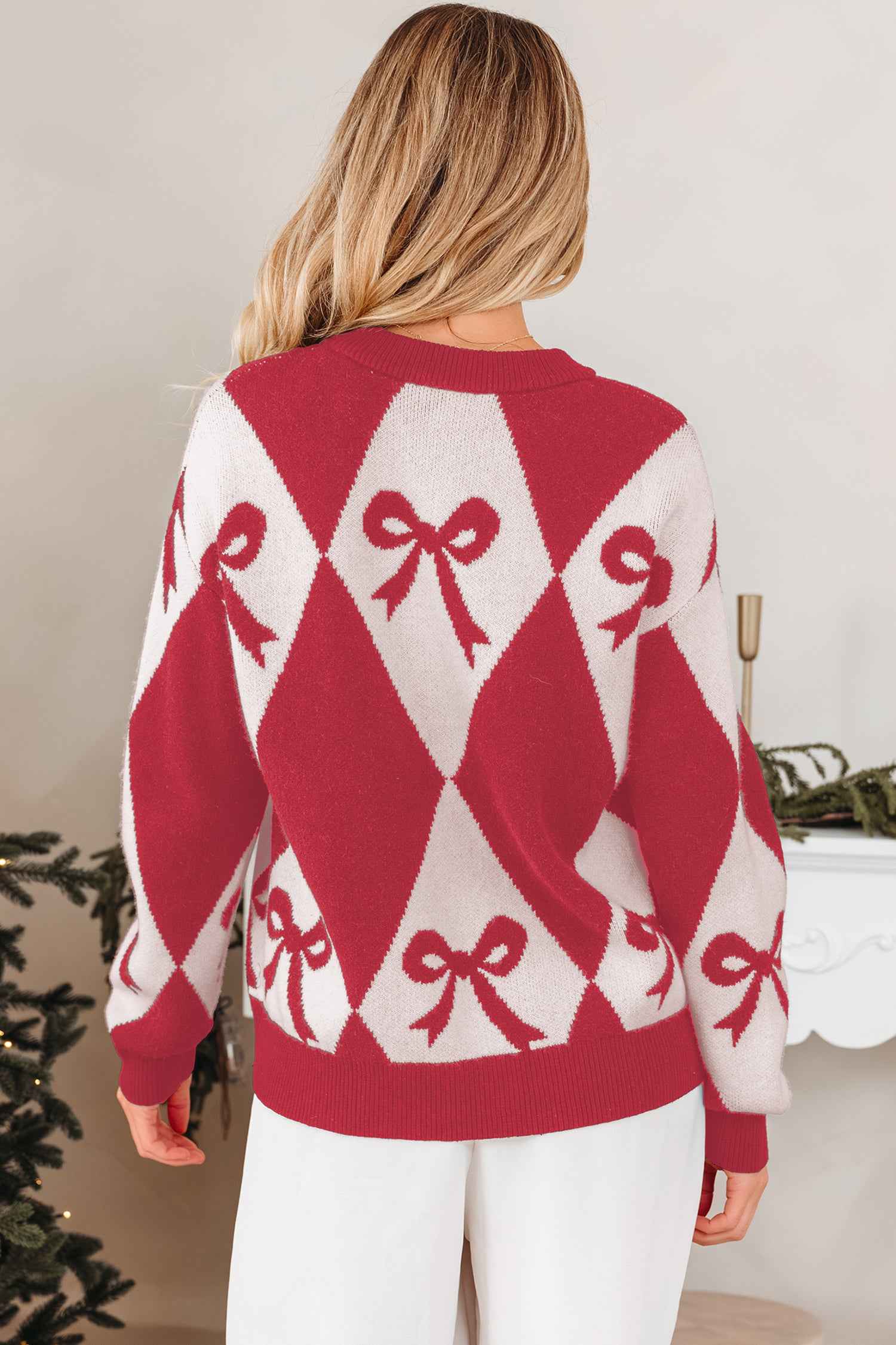 Red Bow Print 2-tone Rhombus Knit Loose Sweater 9d72900d4b4c150b