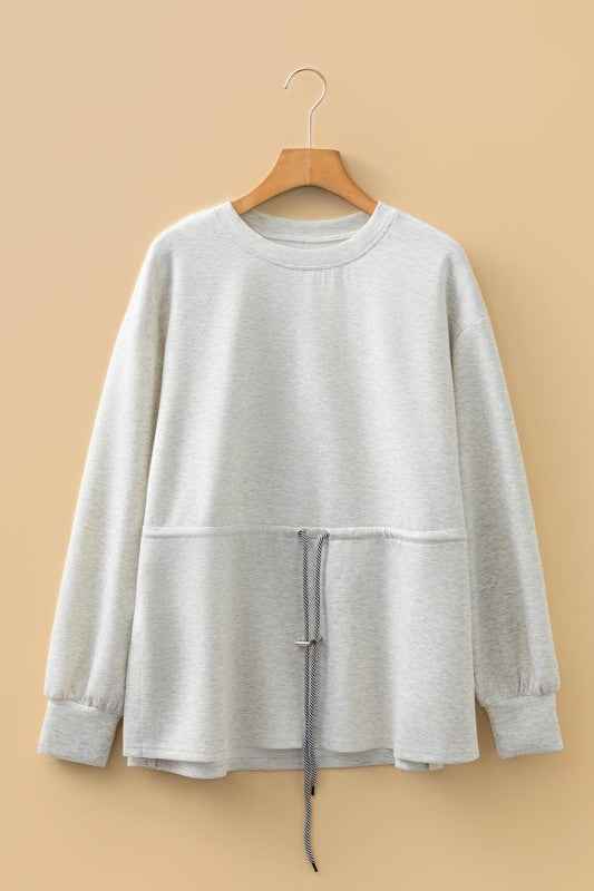 Solid Drawstring Waist Tunic Sweatshirt Light Grey 9d763512-5e26-4725-b057-179259930d1d
