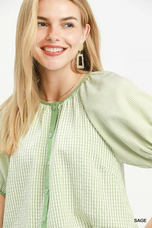 Checker Puff Sleeve Button Front Blouse 9d798ef4-3967-4abc-b0c2-9ebf54ad5aaa-Max-Origin