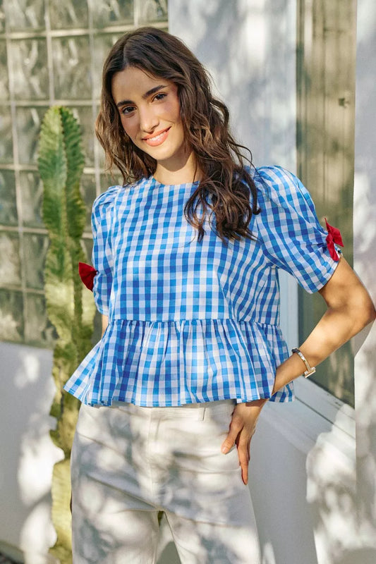4th Of July Gingham Ribbon Detail Short Sleeves Blouse BLUE 9d7a27a6-2c7d-4ab9-8a79-17995d9c6cad-Max-Origin