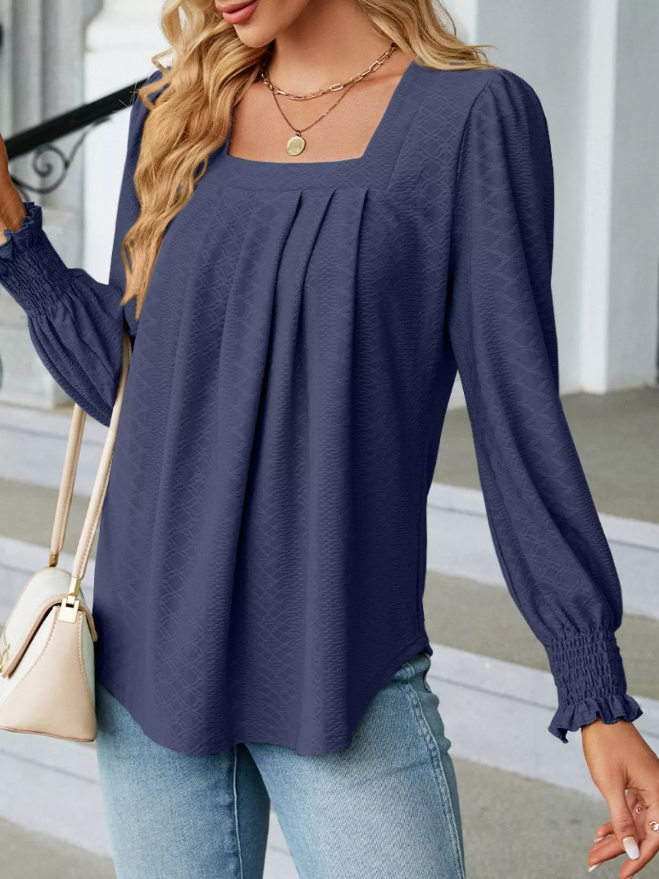 Pleated Square Neck Long Sleeve Top 9d7a5166-47c3-4dd0-8230-7a577936eb8b-Max-Origin