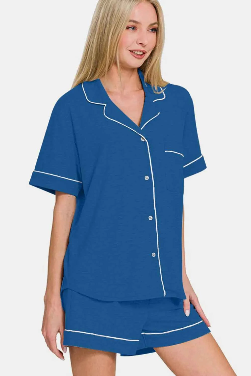 Zenana Button Down Short Sleeve Top and Shorts Lounge Set 9d7a8de5-1342-4872-828a-dbe579829bf0-Max