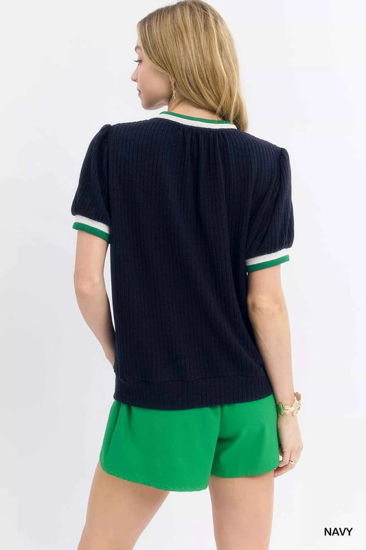 Puff Sleeve Knit Top with Contrast Rib Trim 9d7ad425-42dc-4dee-8bed-97639d84c370-Max-Origin