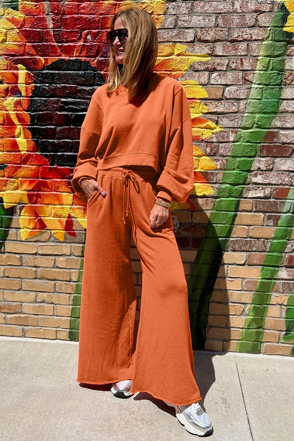 Flamingo Drop Shoulder Crop Pullover Drawstring Wide Leg Pants Set 9d8554b1a1e2bb4f