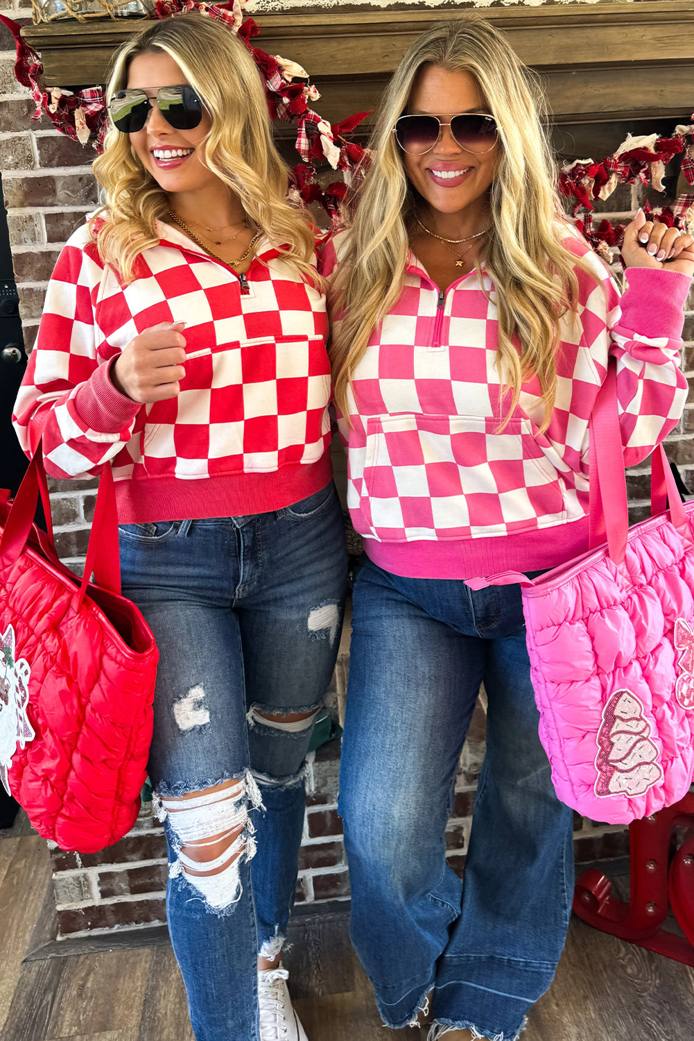 Red Checkered Print Half Zip Hoodie Loose Pant Set 9d87704e3858f18b