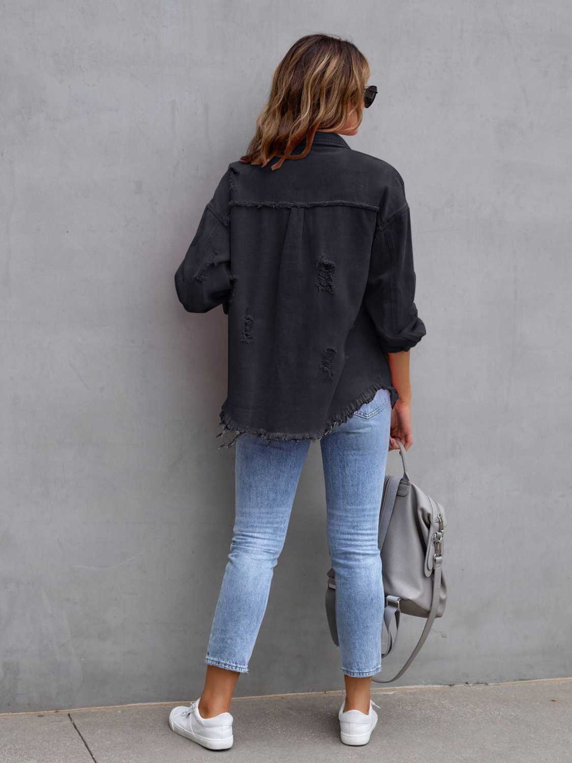 Distressed Drop Shoulder Denim Jacket 9d8922b81ca8489ba67908d62932efc8-Max
