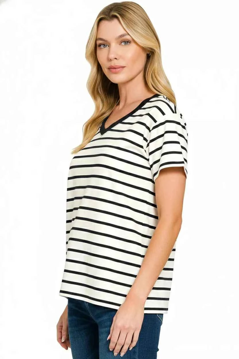 Zenana Striped V-Neck Short Sleeve T-Shirt 9d8b007e-ea4b-42e5-8ee3-895d42c59b78-Max-Origin
