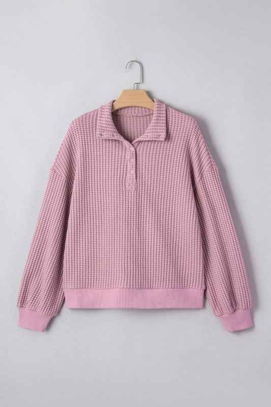 Solid Textured Knit Snap Button Collar Top Light Pink 9d8c62ad-e5a9-46a2-a34b-1991295e2f8c
