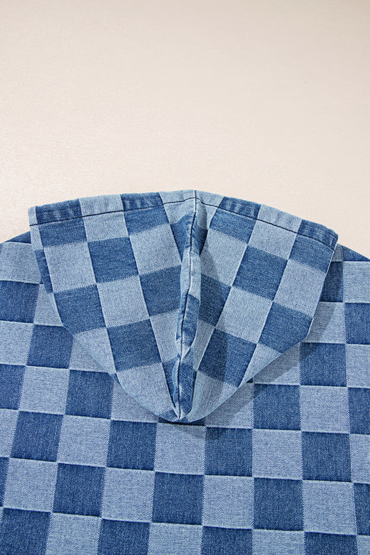 Sky Blue Checkerboard Zipped Collar Kangaroo Pocket Denim Hoodie 9d925b97bca93b04
