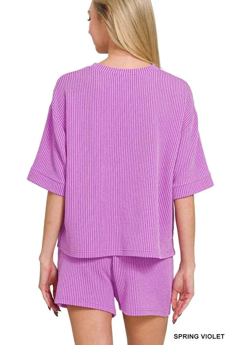 Zenana Raised Rib Short Sleeve Tee and Drawstring Shorts Set 9d93743aeac64647b0e123e41f250985-Max-Origin