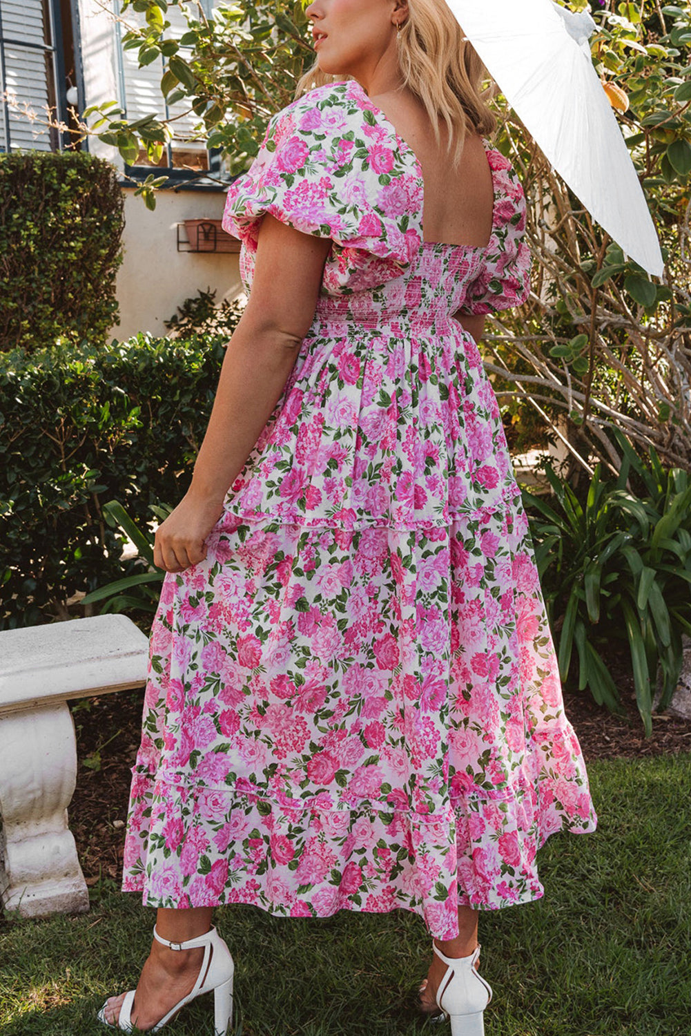Pink Floral Smocked Puff Sleeve Flowy Midi Dress