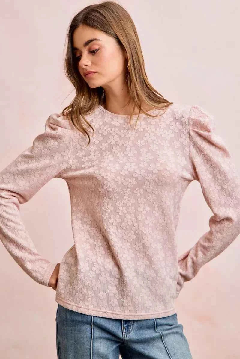 BiBi Textured Flower Knit Puff Shoulder Top 9d9da0c3f5ce41f2b26a38c6b0c54e2b-Max-Origin