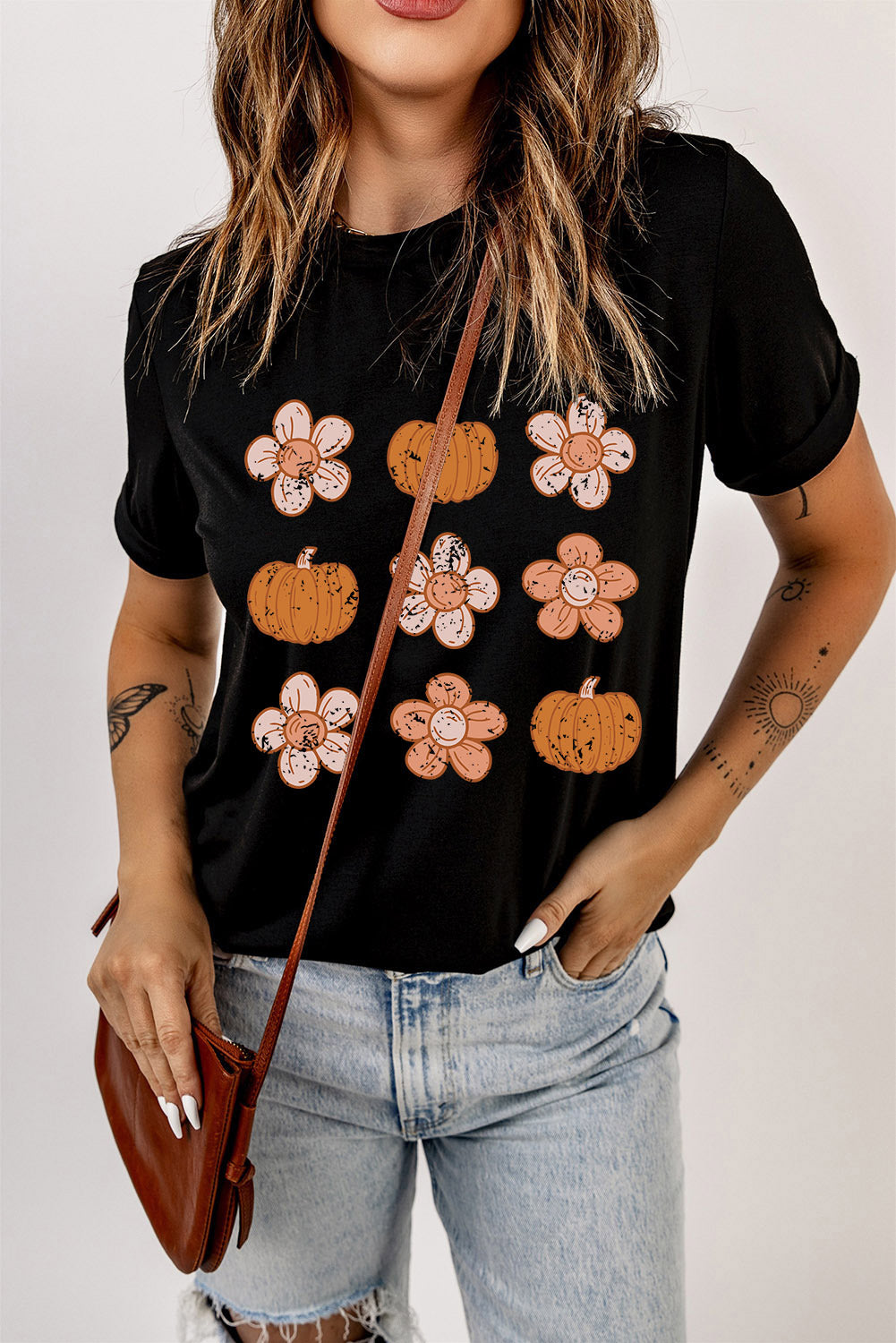 Black Pumpkin Flower Print Short Sleeve Graphic T Shirt 9d9db684c3089132