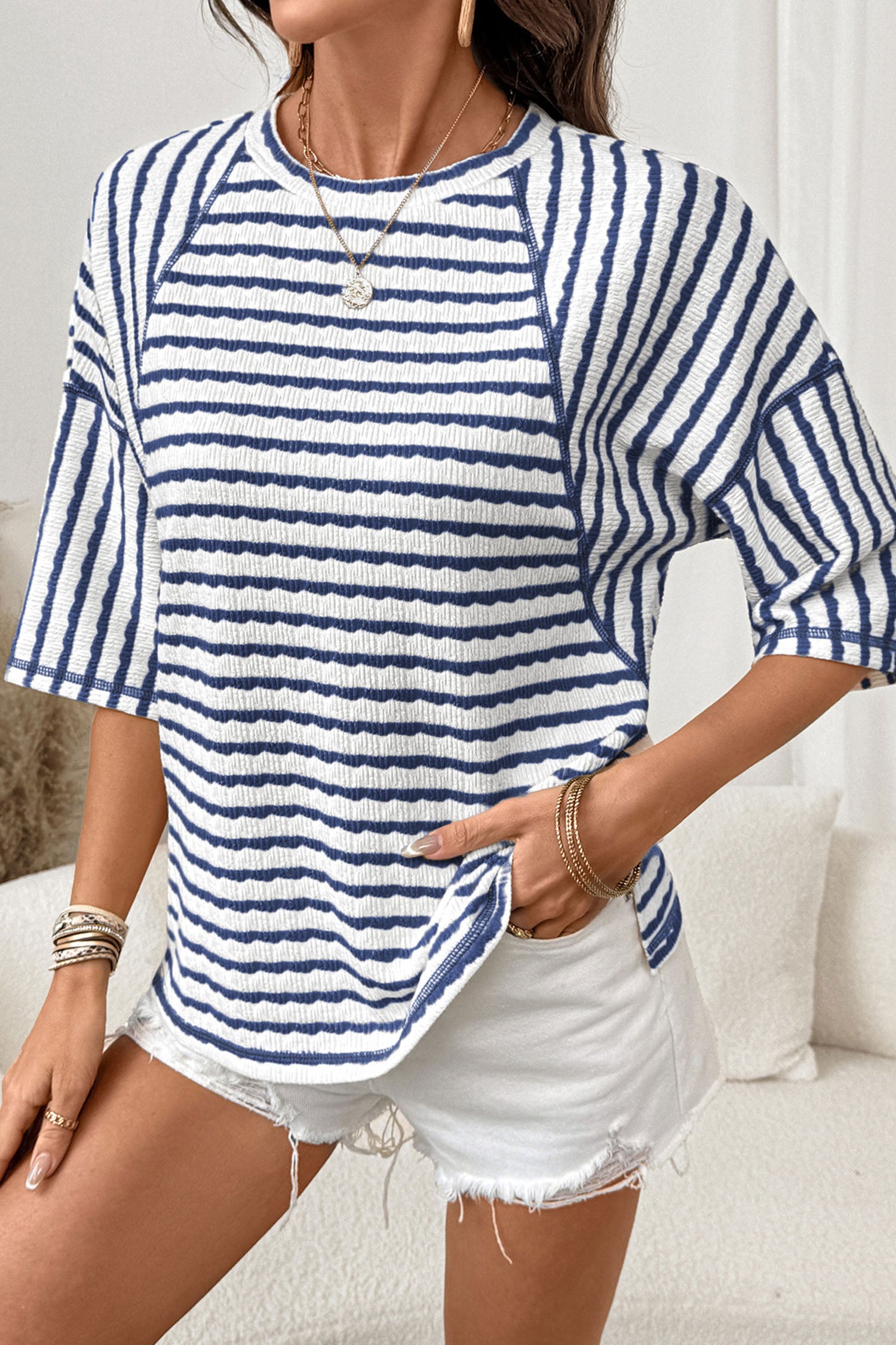 Sky Blue Stripe Textured Knit Split Hem Half Sleeve Loose Top 9da587df632dac68
