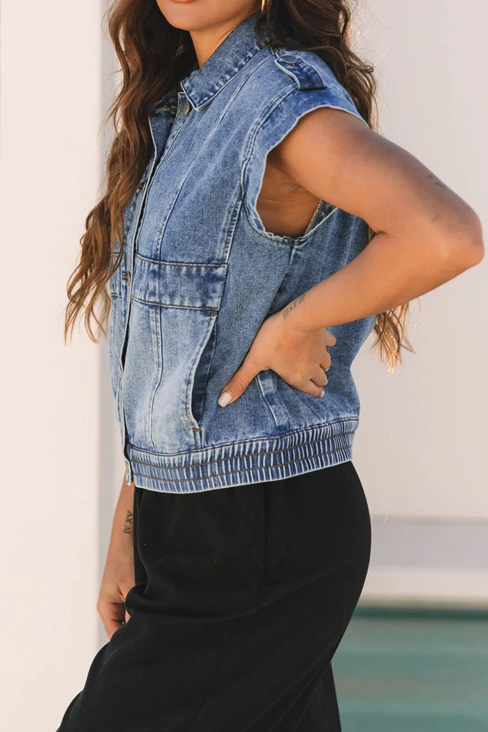 Button Up Cap Sleeve Denim Jacket 9da78e51-21b9-4dcc-9111-0b10e3574adc-Max-Origin