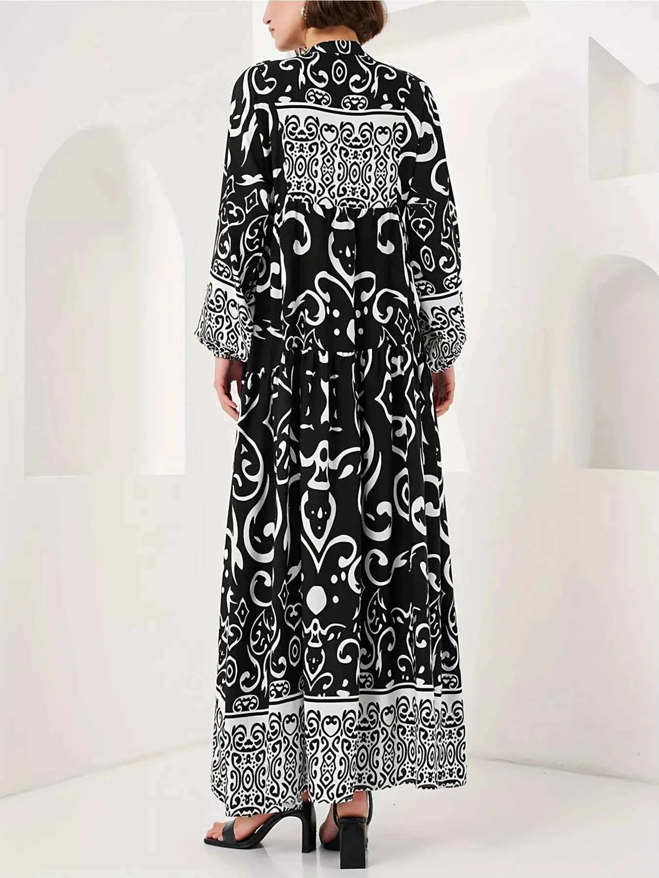 Printed Notched Balloon Sleeve Maxi Dress 9dad2542b8e842328a669900095a5d61-Max-Origin