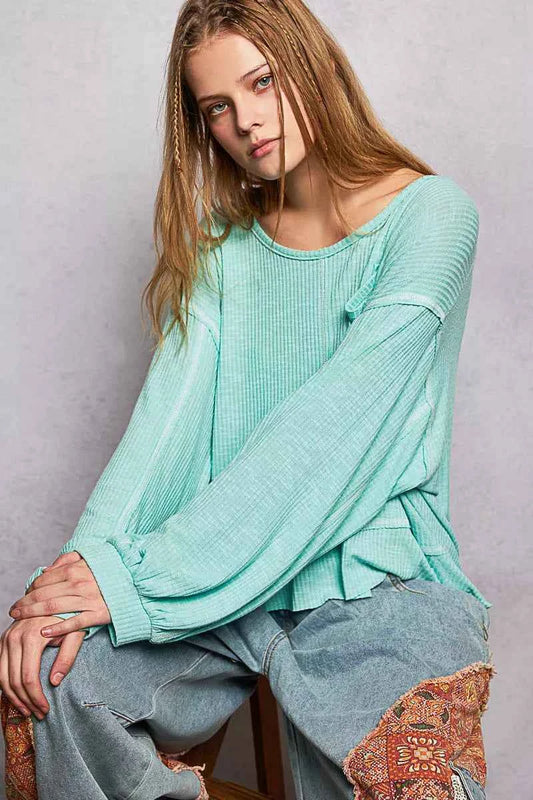 POL Round Neck Long Sleeve Exposed Seam Top with Chest Pocket 9db78a8f-5b72-456a-9a98-a81eb6feabbf-Max-Origin