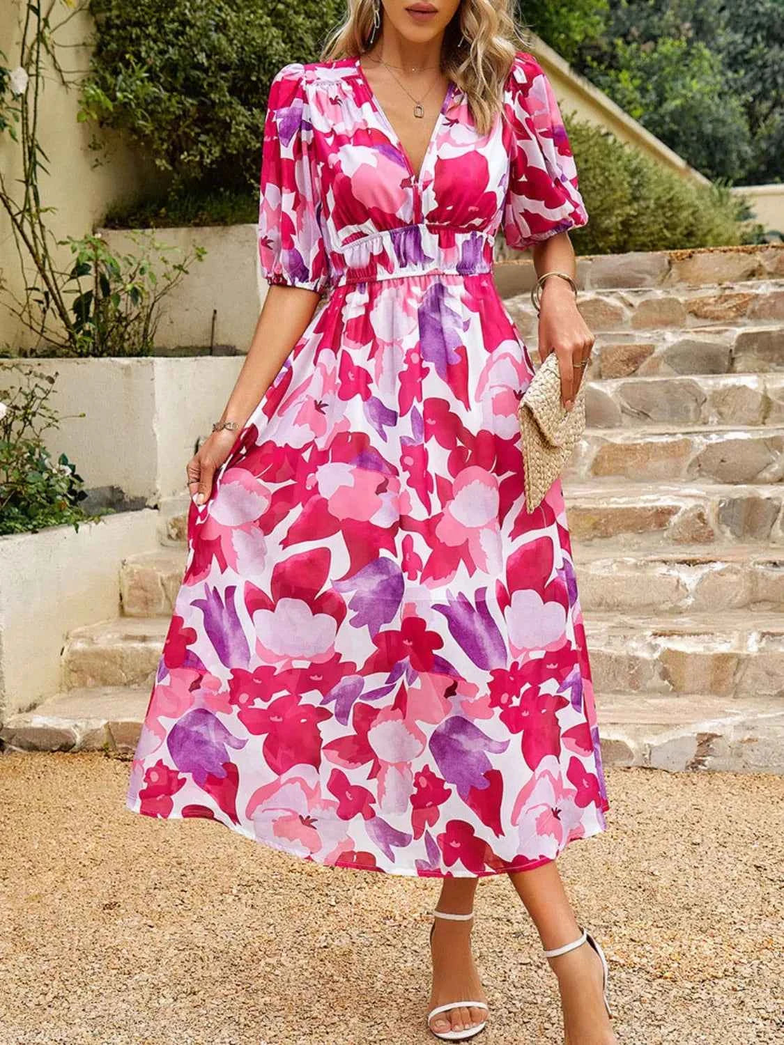 Printed Puff Sleeve Midi Dress Hot Pink 9db80bfd-19e9-4bd3-9bfa-2c301505032d-Max-Origin