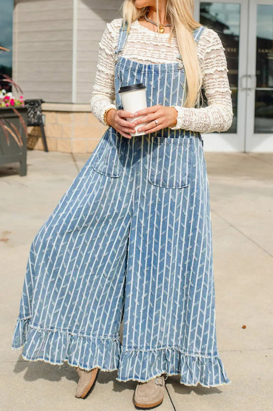 Myosotis Striped Distressed Ruffled Wide Leg Denim Overalls 9dba77fd917bc5c9